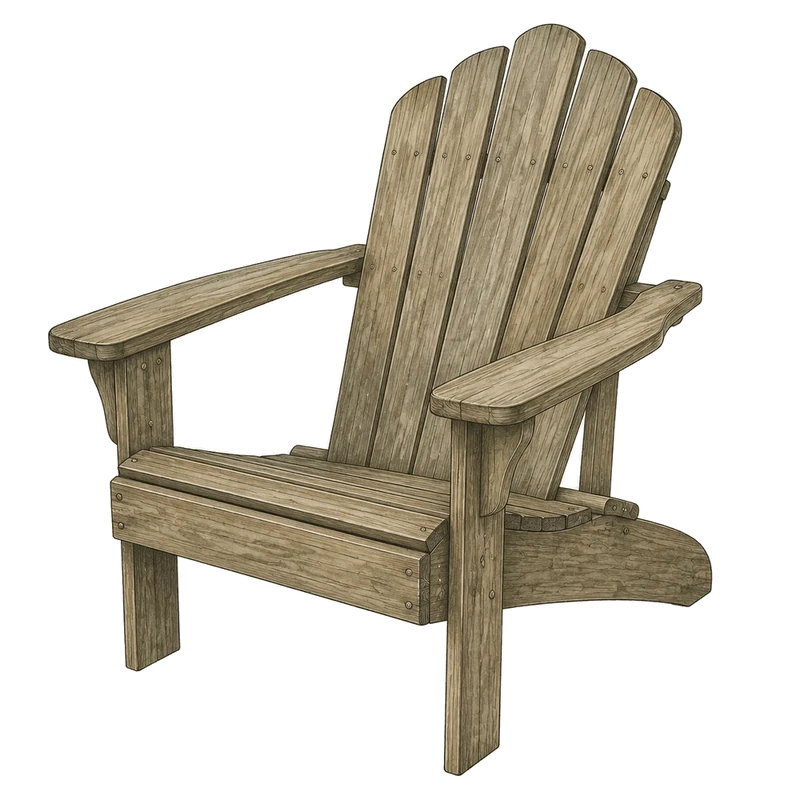 Illustration of a weathered wooden Adirondack chair