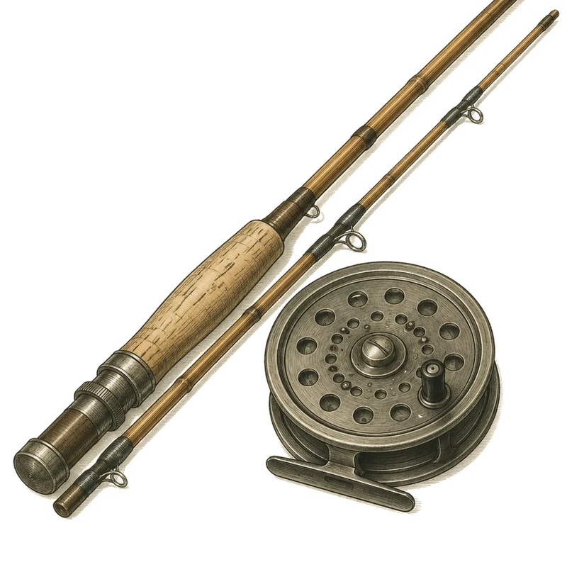 Illustration of a split-cane fly rod and reel