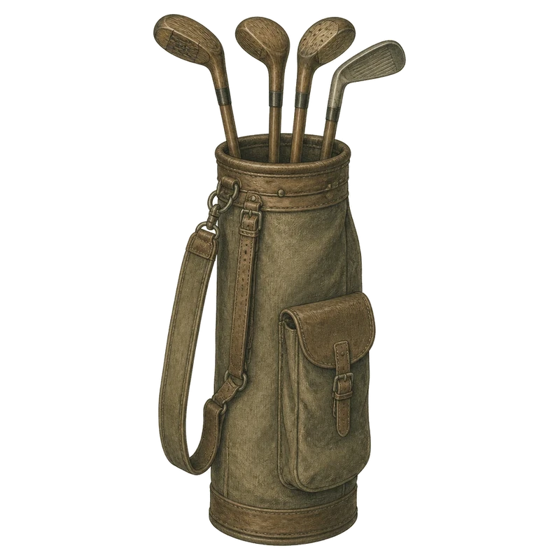 Illustration of a canvas golf bag of wooden-shafted clubs