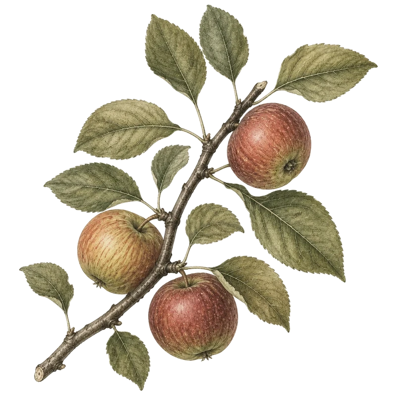 Illustration of a branch of ripening apples