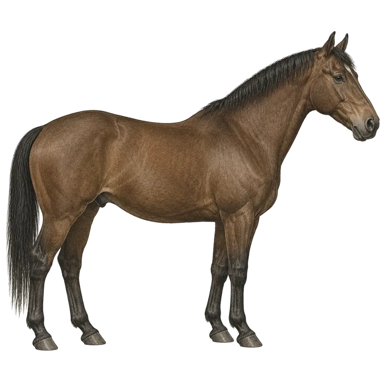 Illustration of a bay horse standing in profile