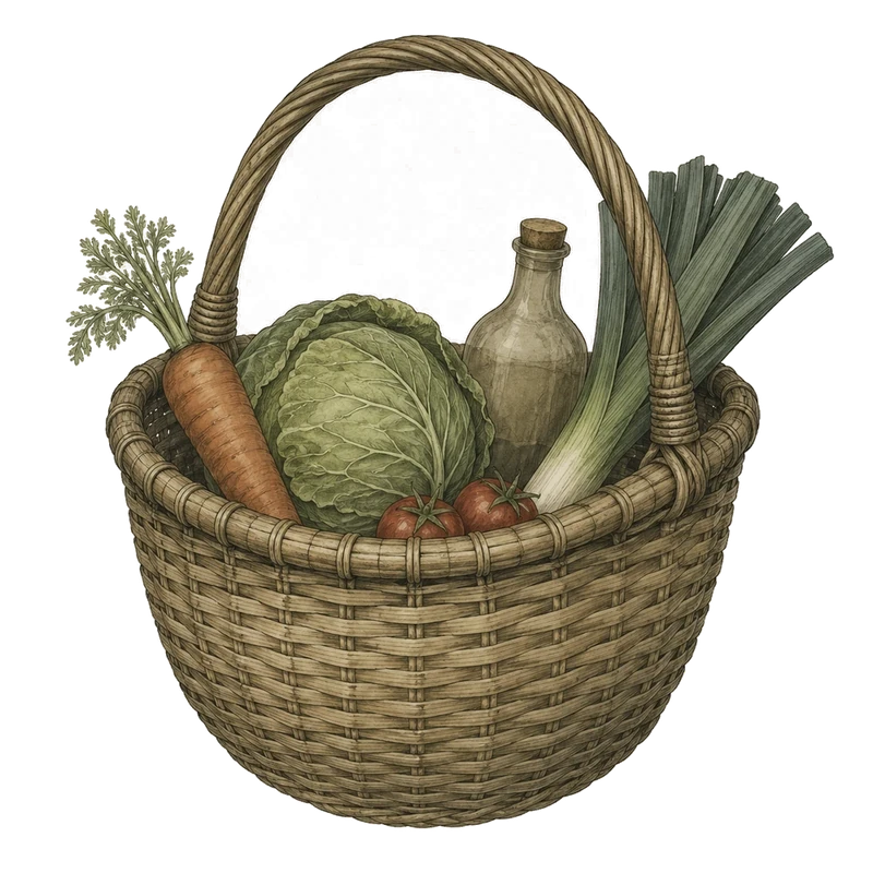 Illustration of a market basket of vegetables and a bottle