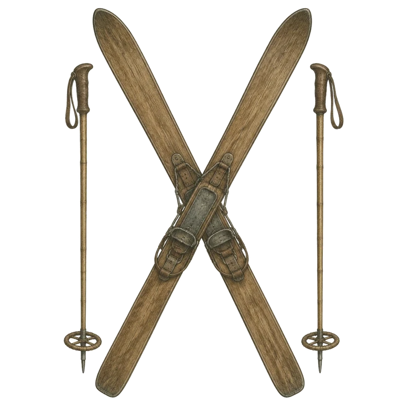 Illustration of a crossed pair of wooden skis and poles