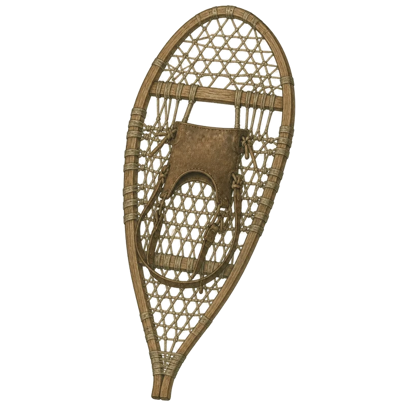 Illustration of a wood-and-rawhide snowshoe