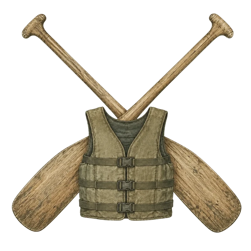 Illustration of two crossed canoe paddles behind a life vest