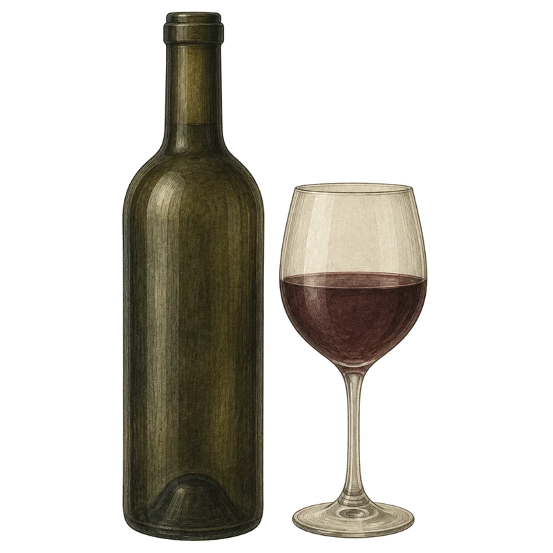 Illustration of a dark wine bottle beside a filled glass