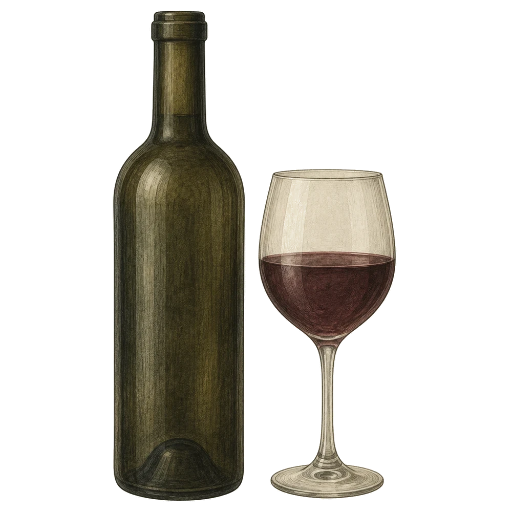 Illustration of a dark wine bottle beside a filled glass, drawn as a natural-history specimen plate
