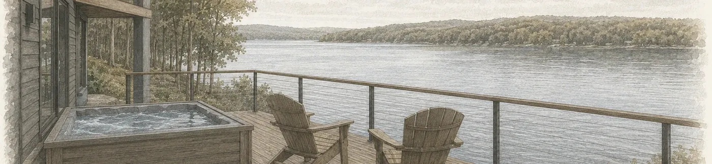 The deck, the hot tub and the water beyond, from the build drawings