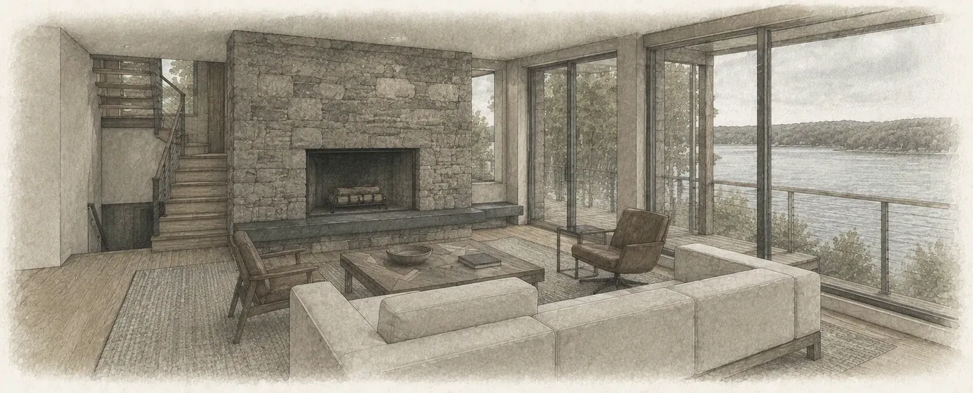 The great room and its stone fireplace, as drawn for the build