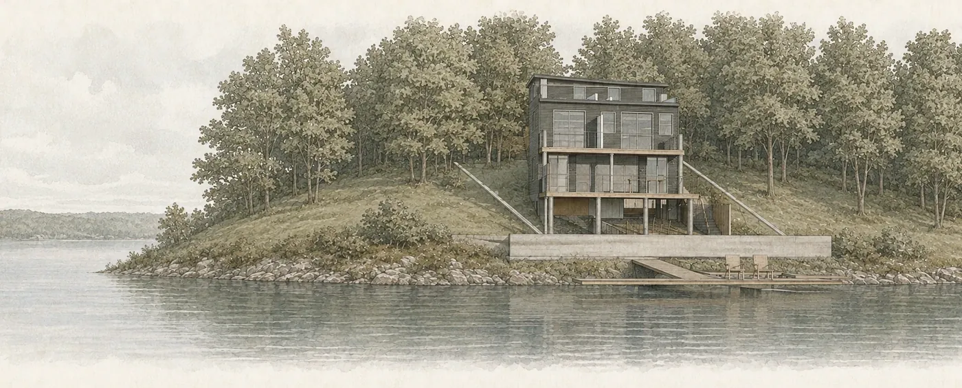 Watercolor illustration of Lakehouse Kaia seen from Greenwood Lake