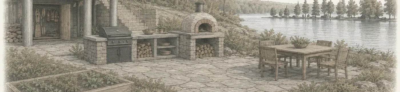 The long table and the outdoor kitchen above the water, drawn for the build.