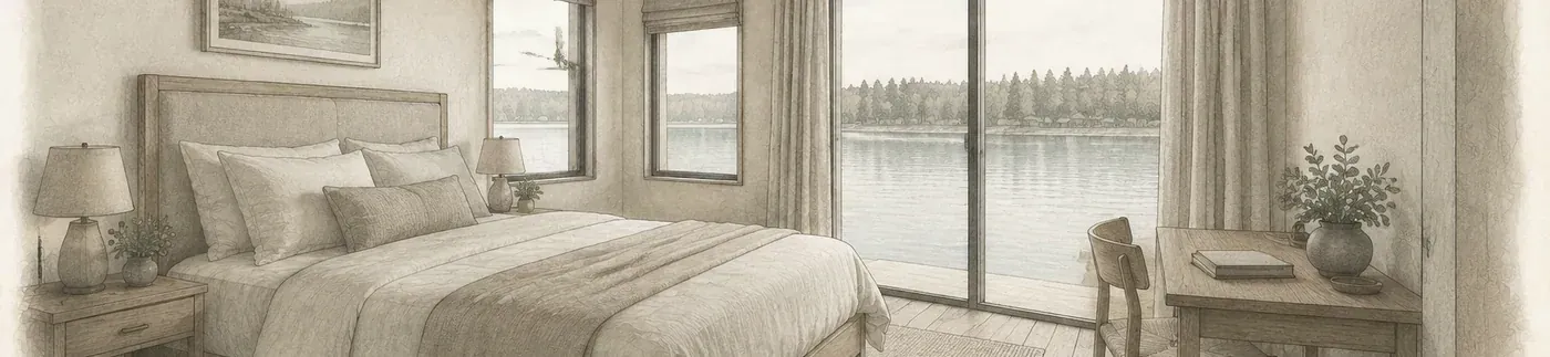 Watercolor illustration of the primary bedroom facing Greenwood Lake