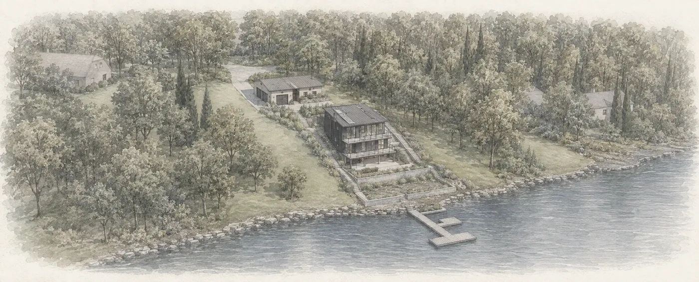 The parcel, the house, the second building and the dock, as drawn for the build