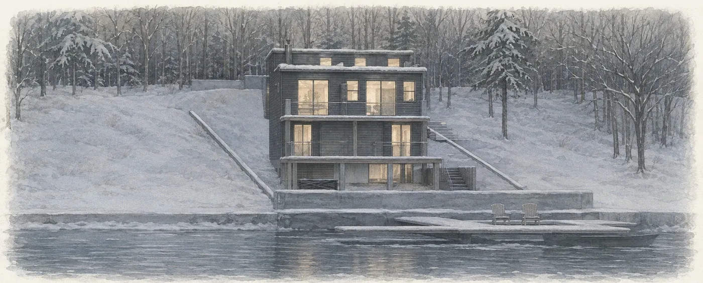 Watercolor illustration of Lakehouse Kaia lit from within on a snowy winter evening