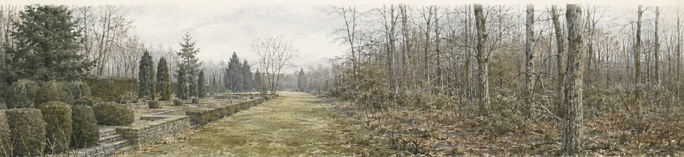 Illustration of the formal gardens at Skylands, Ringwood State Park